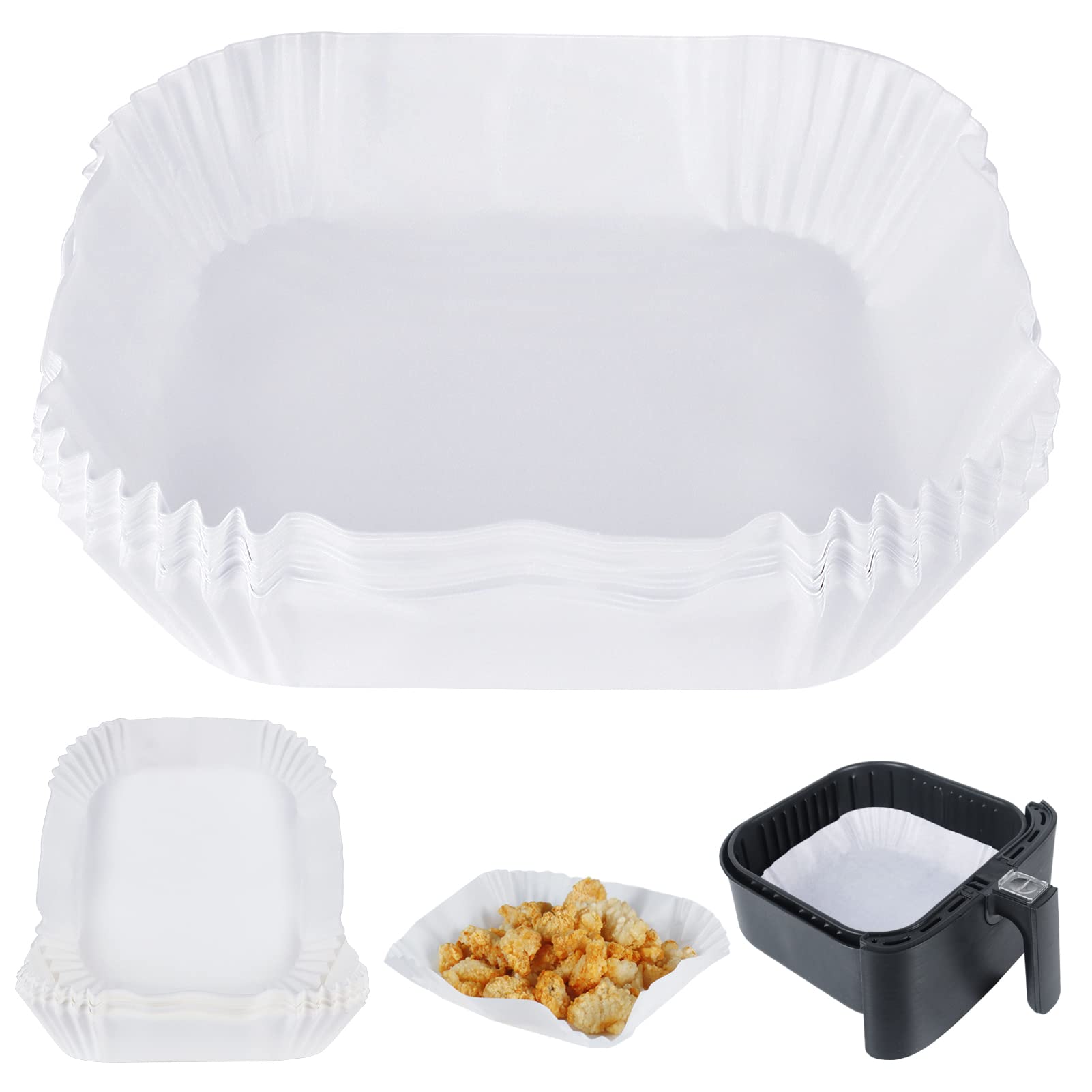 BYKITCHEN Air Fryer Parchment Paper Liner, 50PCS Square Air Fryer Liners Disposable, Greaseproof Paper, Compatible with COSORI, Ninja, Tefal, Russell Hobbs Fryers (Unbleached)