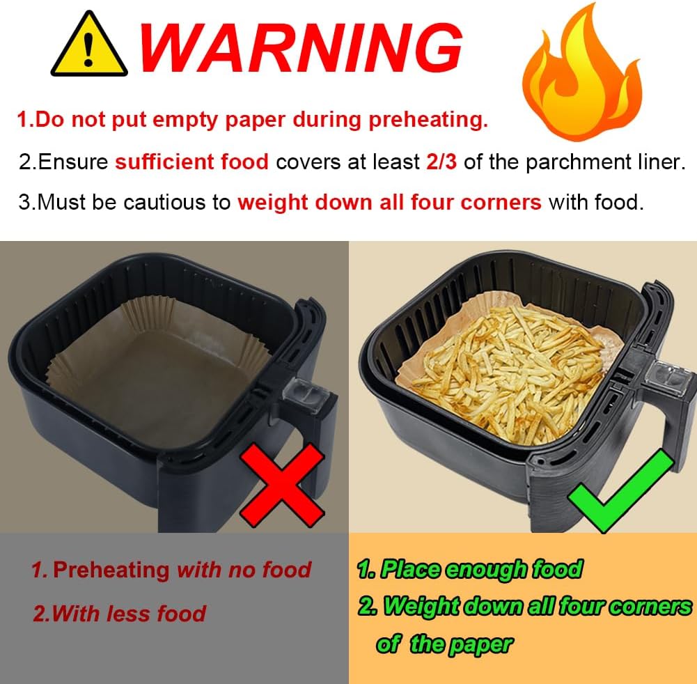 BYKITCHEN Air Fryer Parchment Paper Liner, 50PCS Square Air Fryer Liners Disposable, Greaseproof Paper, Compatible with COSORI, Ninja, Tefal, Russell Hobbs Fryers (Unbleached)