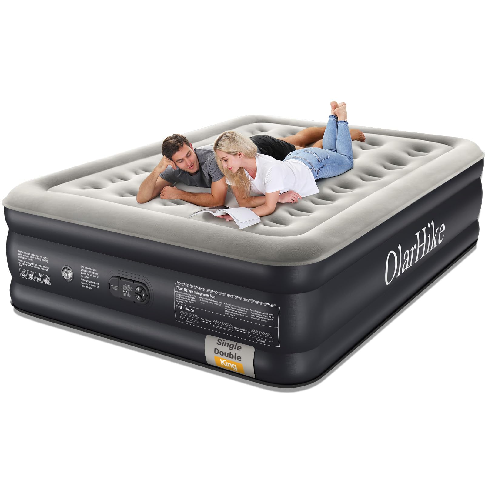 OlarHike Single Airbed, Inflatable Air Mattress with Built-in Pump, Blow Up Bed, Self Inflating Folding Guest Air bed with Flocked Surface For Camping & Home Use, 190cm L x 90cm W x 46cm H(Black)