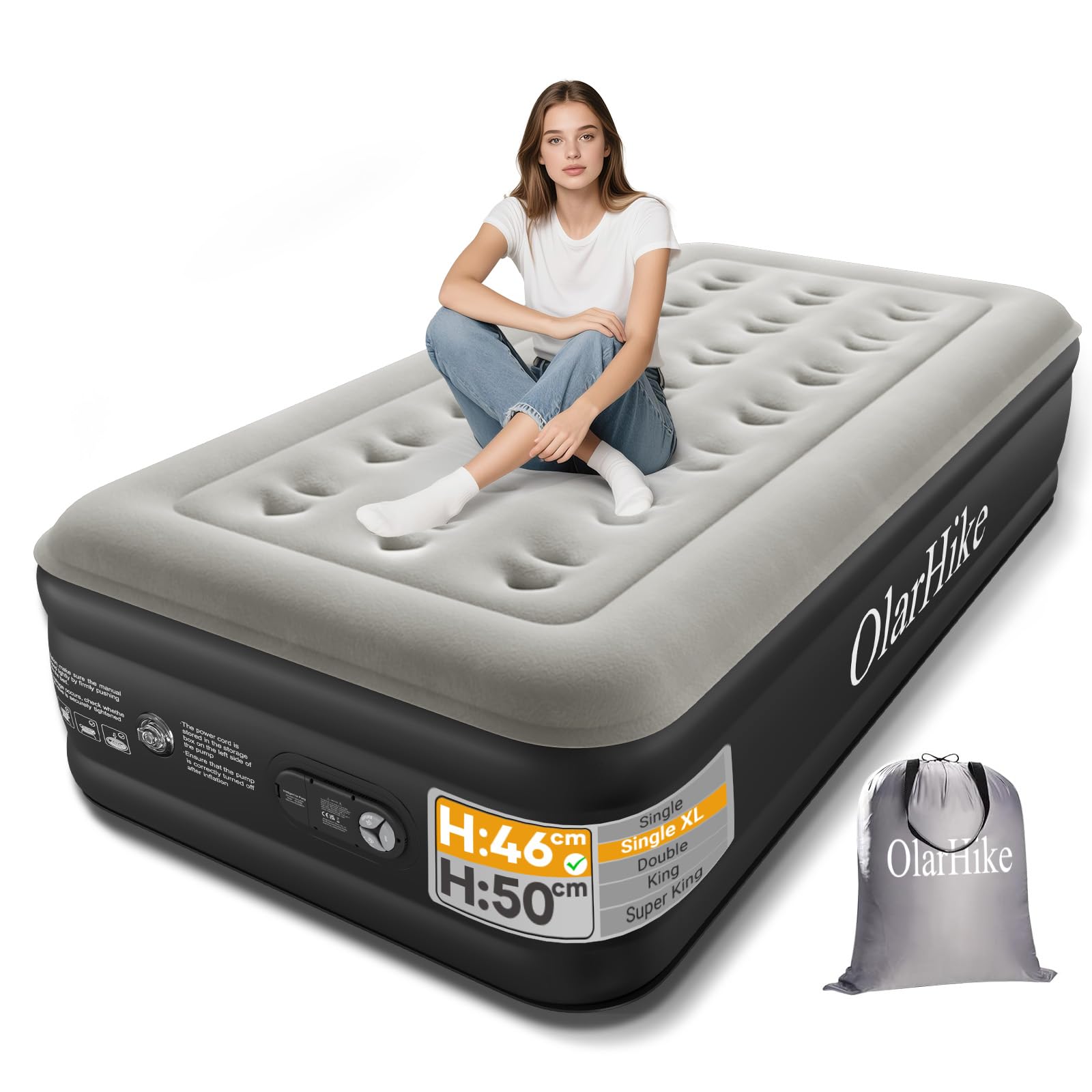 OlarHike Single Airbed, Inflatable Air Mattress with Built-in Pump, Blow Up Bed, Self Inflating Folding Guest Air bed with Flocked Surface For Camping & Home Use, 190cm L x 90cm W x 46cm H(Black)