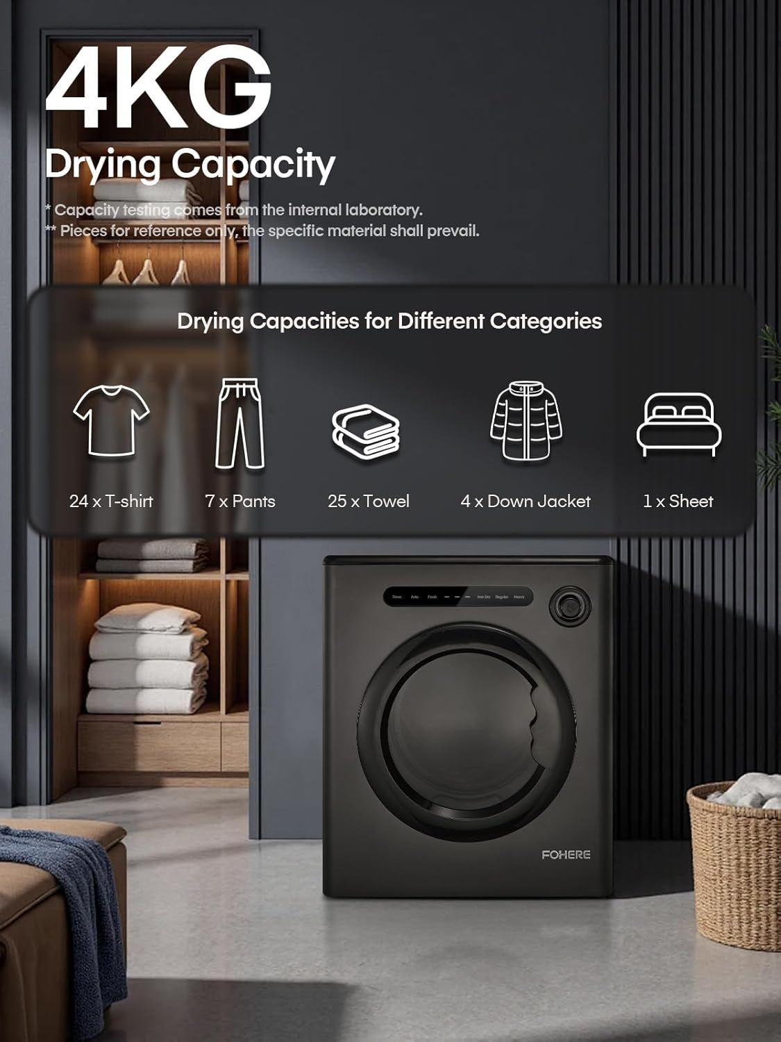 4KG Vented Tumble Dryer, FOHERE 1200W Compact Vented Tumble Dryer, 6 Auto Drying Mode, Smart Drying, Double Temperature Control Protection, for Apartment, Home, Dorm, RVs, Black