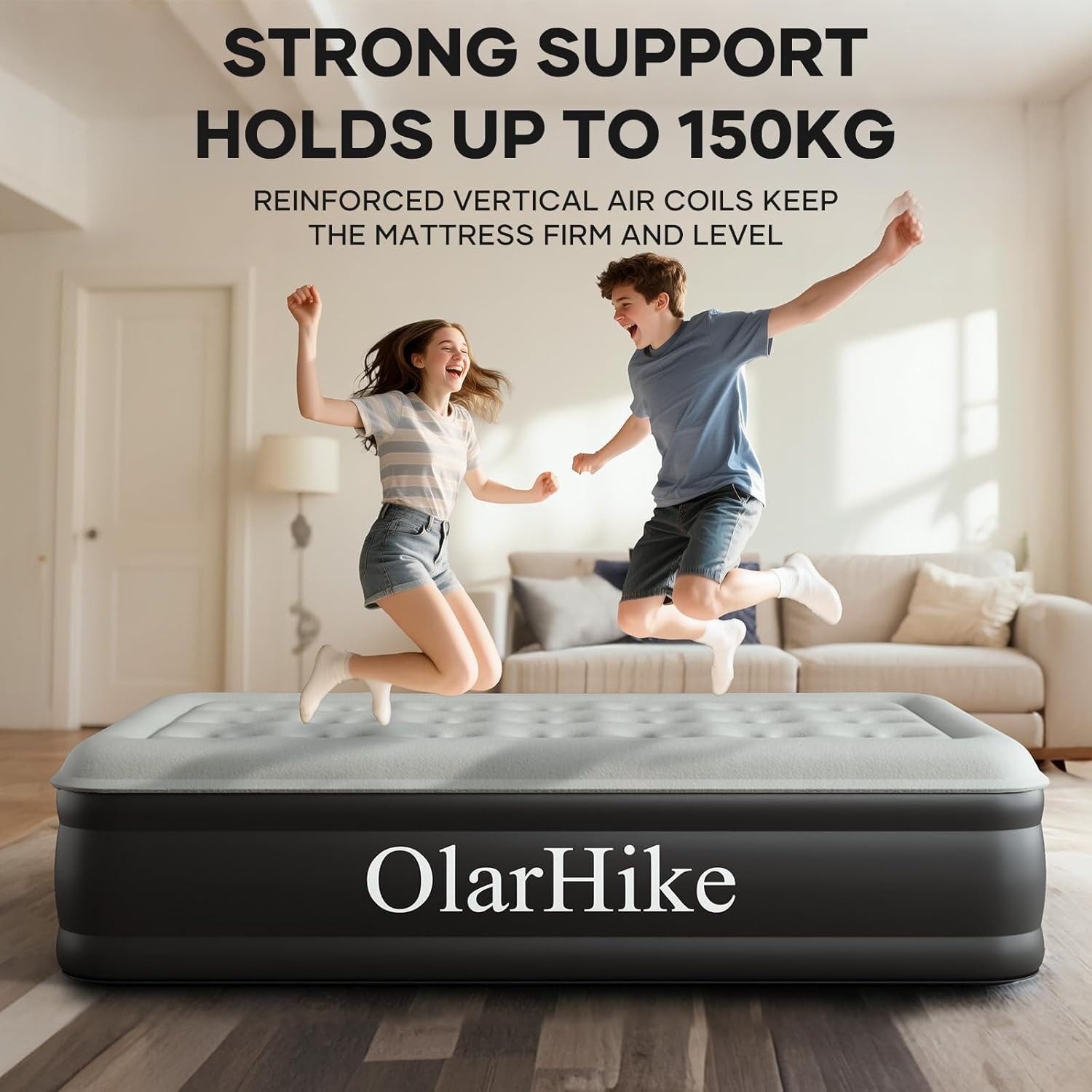 OlarHike Single Airbed, Inflatable Air Mattress with Built-in Pump, Blow Up Bed, Self Inflating Folding Guest Air bed with Flocked Surface For Camping & Home Use, 190cm L x 90cm W x 46cm H(Black)