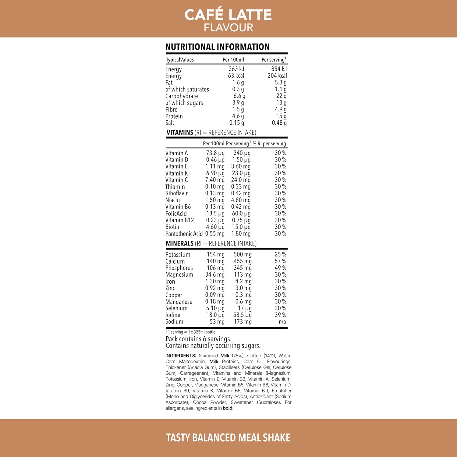 SlimFast Ready To Drink Cafe Latte Shake, 6 x 325ml