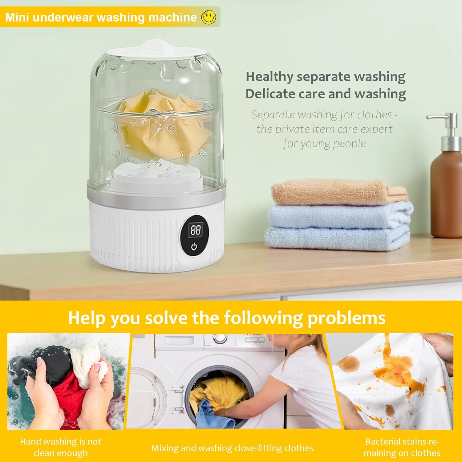 Portable Washing Machine, Underwear Washer, Small Washing Machines, Mini Washing Rechargeable Cordless Washing-Machine, Laundry Cup for Bra, Underwear, Socks (1.2 L capacity)