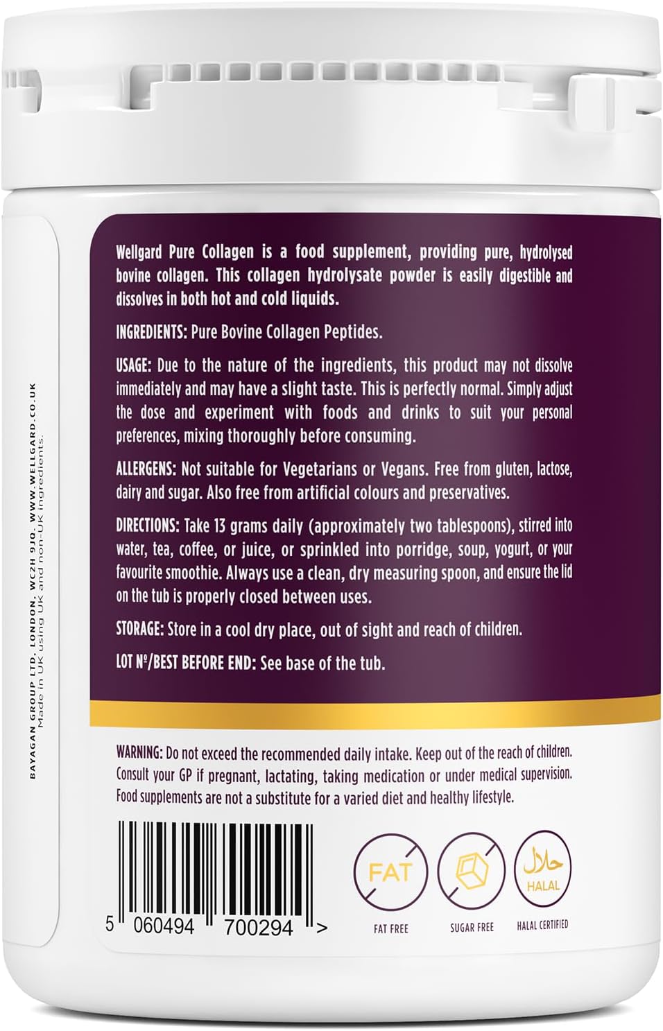 Collagen Powder, Gold Standard Bovine Collagen Peptides Powder by Wellgard - High Levels of The 8 Essential Amino Acids, Collagen Supplements, Halal & Kosher, Made in UK