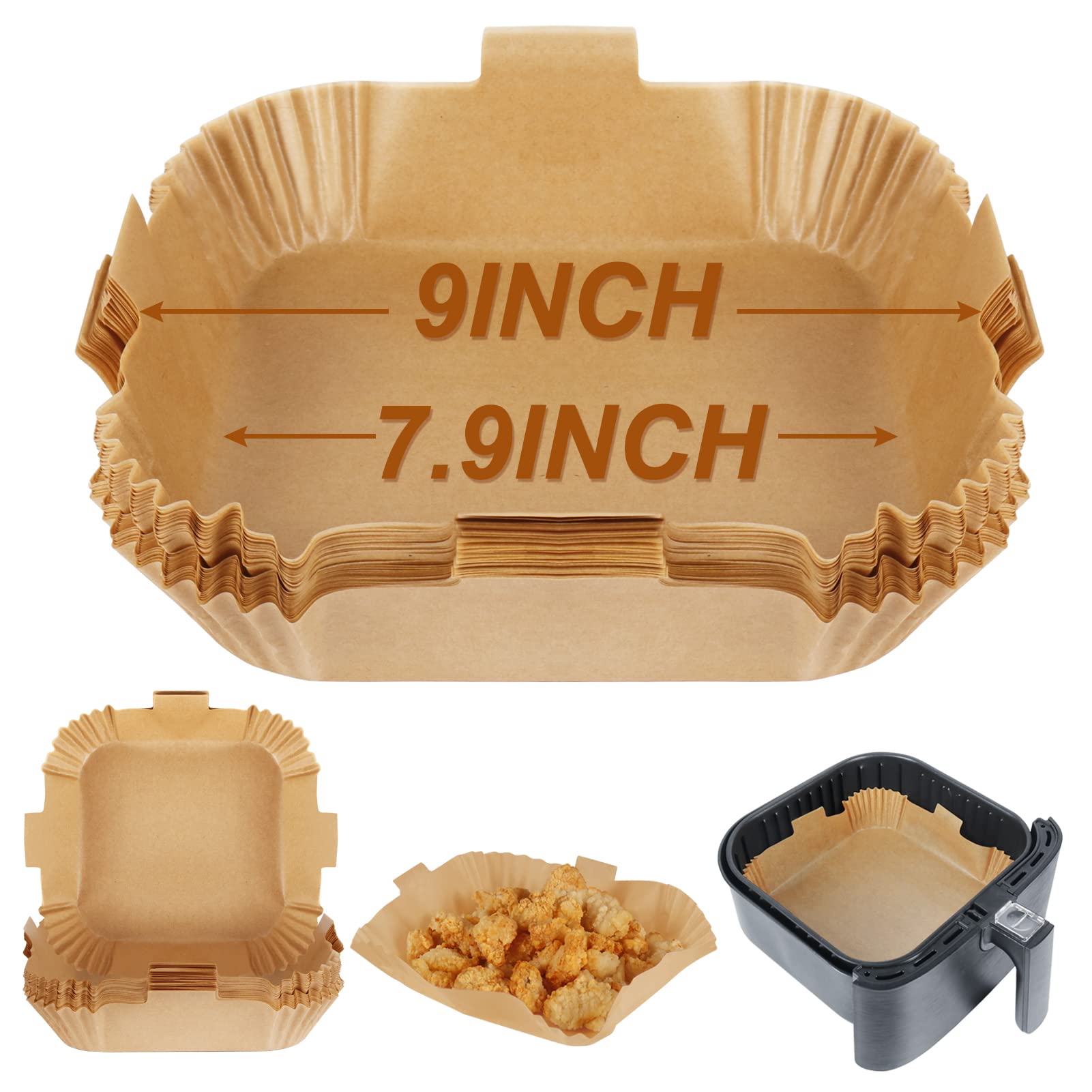 BYKITCHEN Air Fryer Parchment Paper Liner, 50PCS Square Air Fryer Liners Disposable, Greaseproof Paper, Compatible with COSORI, Ninja, Tefal, Russell Hobbs Fryers (Unbleached)