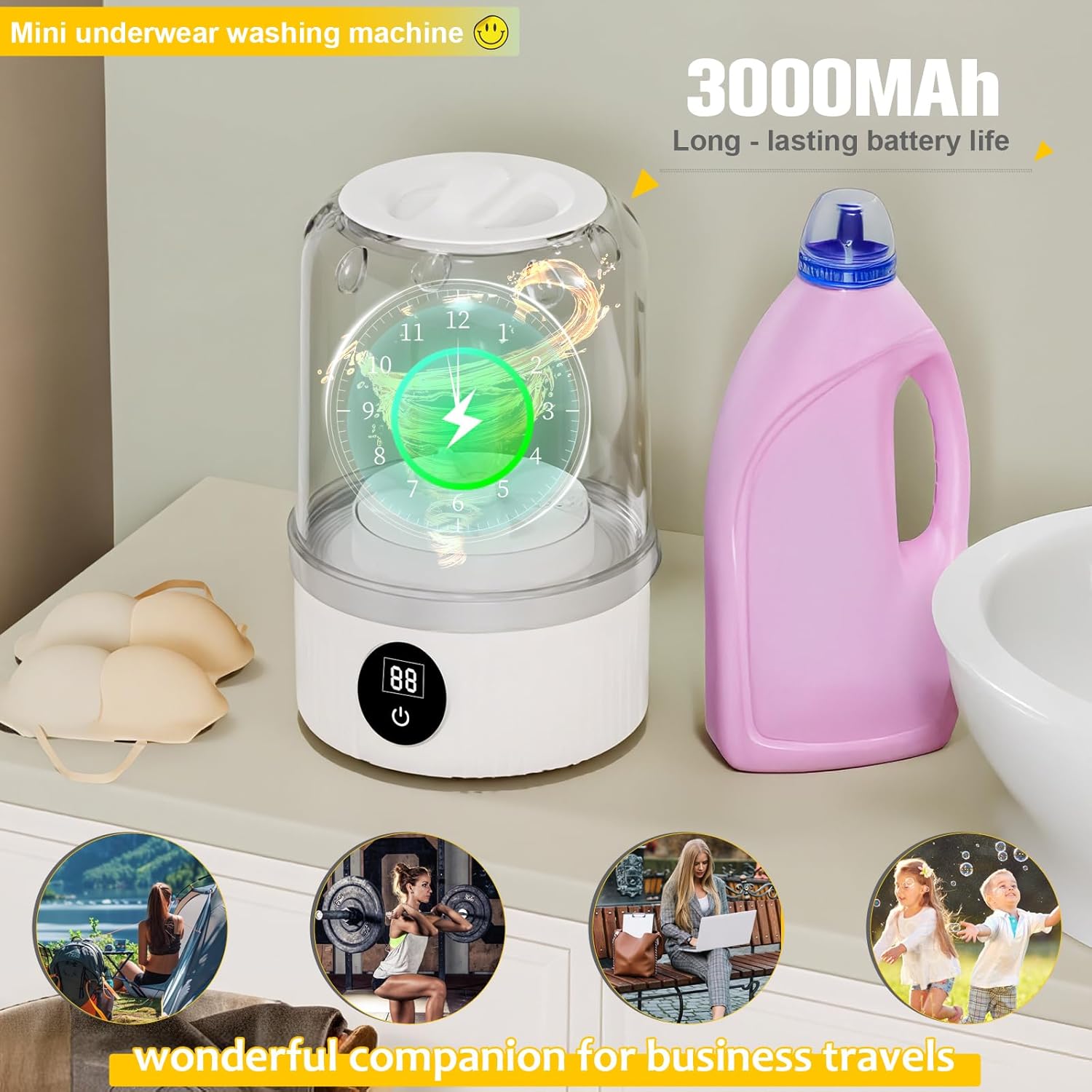 Portable Washing Machine, Underwear Washer, Small Washing Machines, Mini Washing Rechargeable Cordless Washing-Machine, Laundry Cup for Bra, Underwear, Socks (1.2 L capacity)