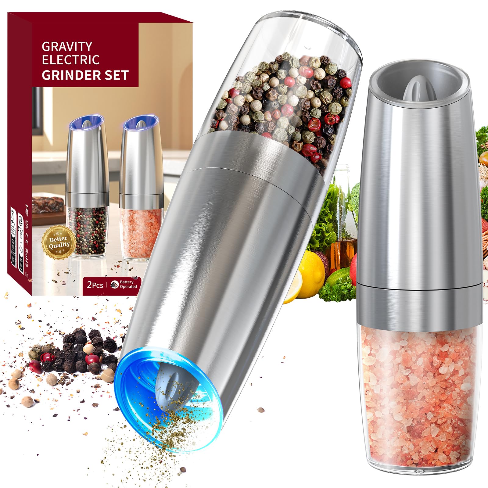 CIRCLE JOY Gravity Electric Salt and Pepper Grinder Set Automatic Salt and Pepper Grinder Set with LED Light, Battery Operated, Adjustable Coarseness, Large Capacity, for Home Kitchen BBQ