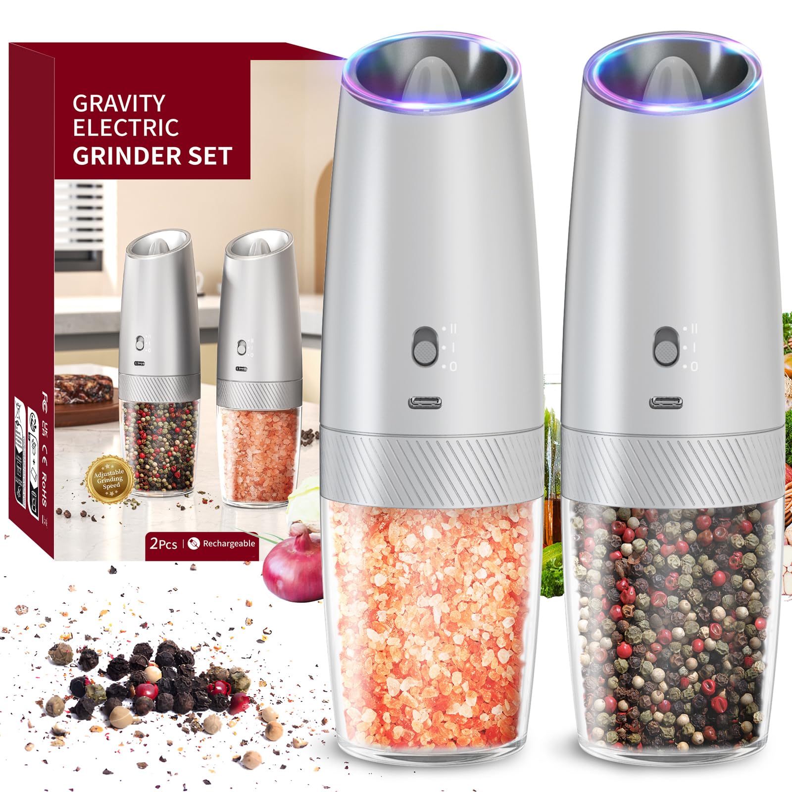 CIRCLE JOY Gravity Electric Salt and Pepper Grinder Set Automatic Salt and Pepper Grinder Set with LED Light, Battery Operated, Adjustable Coarseness, Large Capacity, for Home Kitchen BBQ