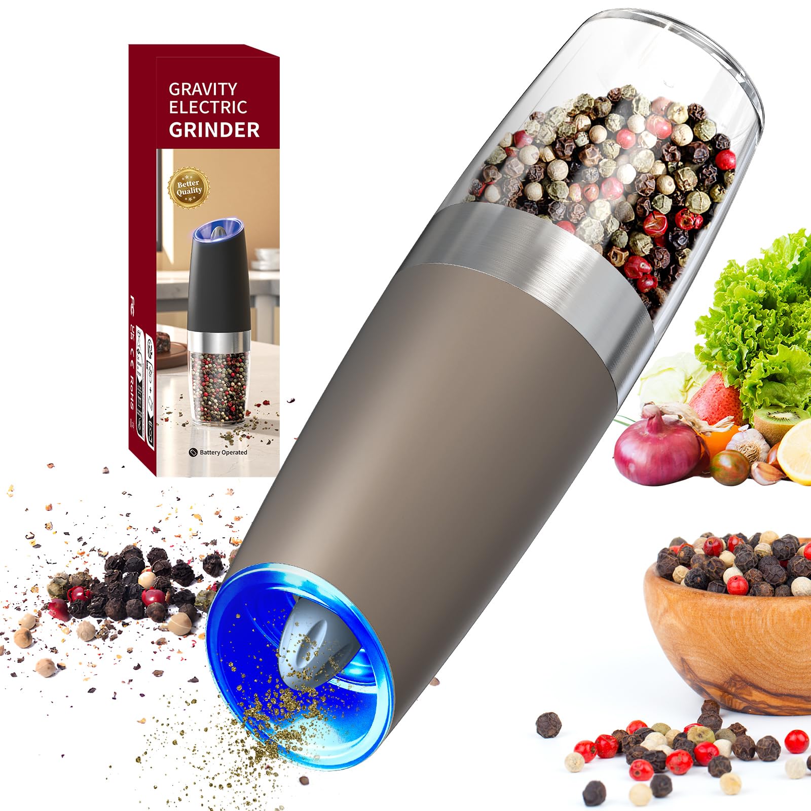CIRCLE JOY Gravity Electric Salt and Pepper Grinder Set Automatic Salt and Pepper Grinder Set with LED Light, Battery Operated, Adjustable Coarseness, Large Capacity, for Home Kitchen BBQ
