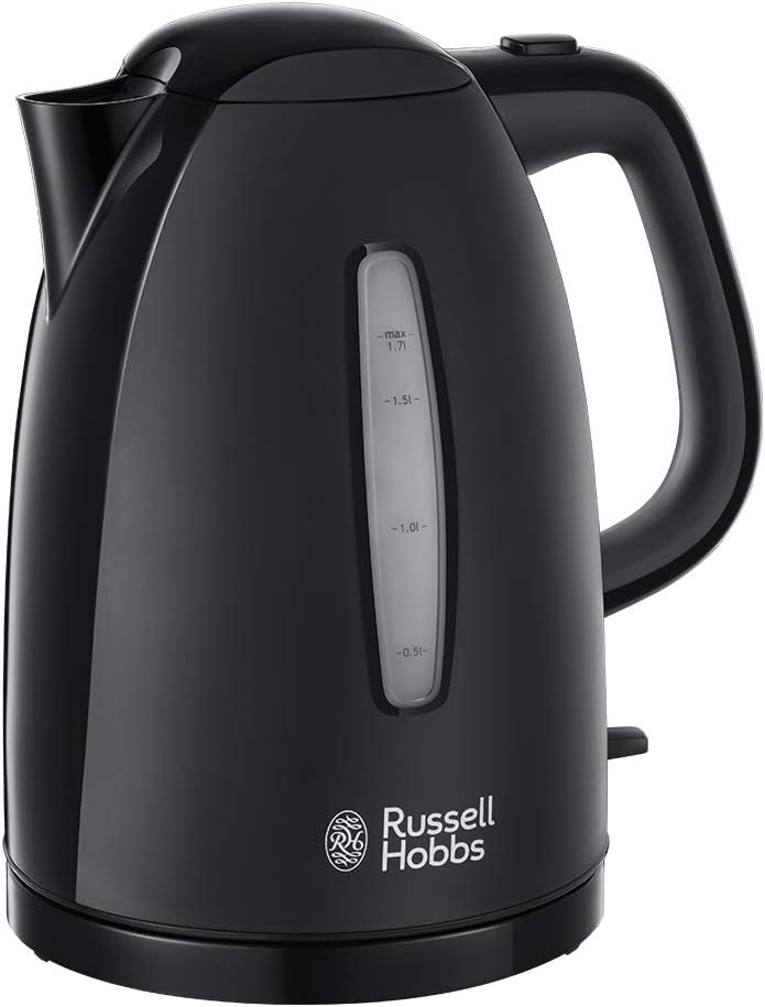Russell Hobbs Textures Electric 1.7L Cordless Kettle (Fast Boil 3KW, Black Premium Plastic, matt & high Gloss Finish, Removable Washable Anti-Scale Filter, Push to Open lid, Perfect Pour spout) 21271
