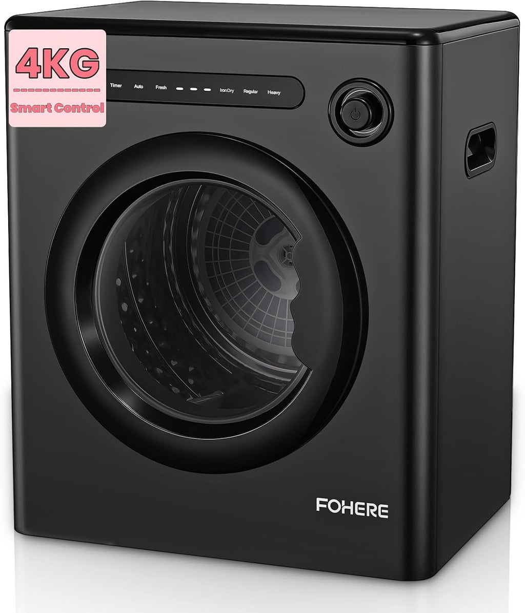 4KG Vented Tumble Dryer, FOHERE 1200W Compact Vented Tumble Dryer, 6 Auto Drying Mode, Smart Drying, Double Temperature Control Protection, for Apartment, Home, Dorm, RVs, Black