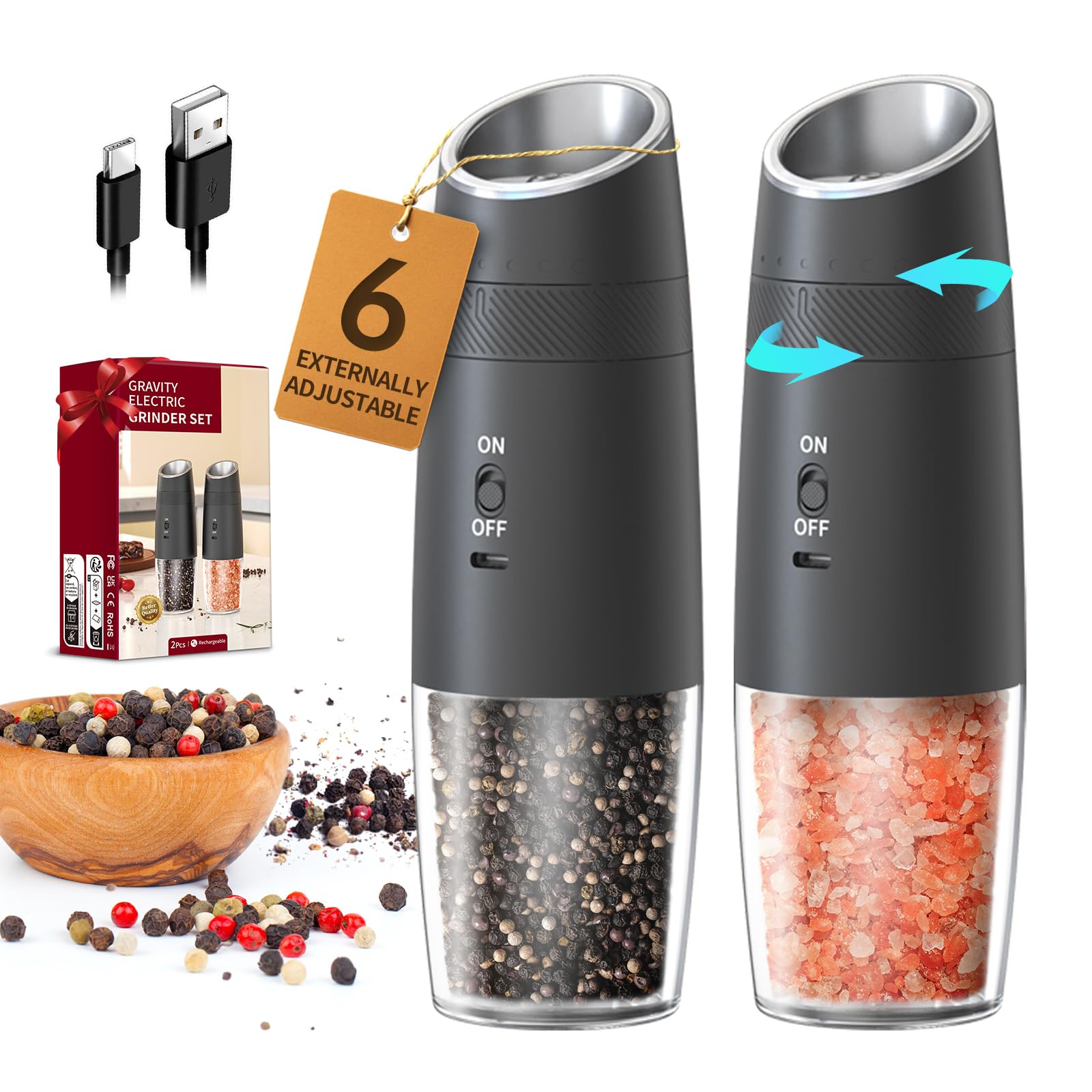 CIRCLE JOY Gravity Electric Salt and Pepper Grinder Set Automatic Salt and Pepper Grinder Set with LED Light, Battery Operated, Adjustable Coarseness, Large Capacity, for Home Kitchen BBQ