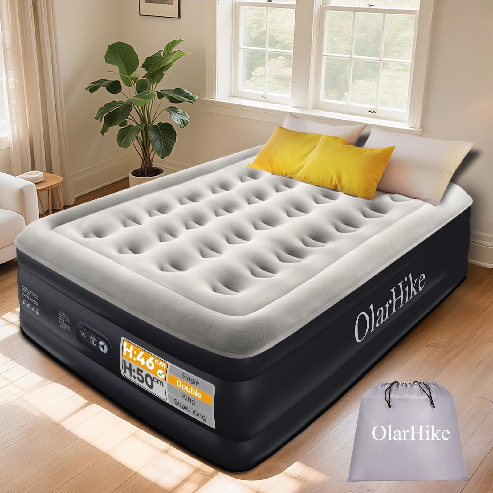 OlarHike Single Airbed, Inflatable Air Mattress with Built-in Pump, Blow Up Bed, Self Inflating Folding Guest Air bed with Flocked Surface For Camping & Home Use, 190cm L x 90cm W x 46cm H(Black)