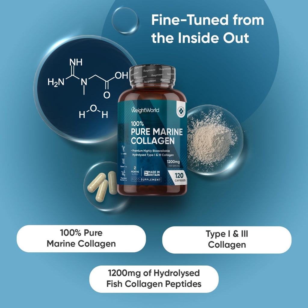 Pure Marine Collagen Supplements for Women & Men - 1200mg per Serving - 120 Capsules (Not Powder) - 2 Months Supply - Highly Bioavailable Type 1 & 3 Hydrolysed Collagen Capsules