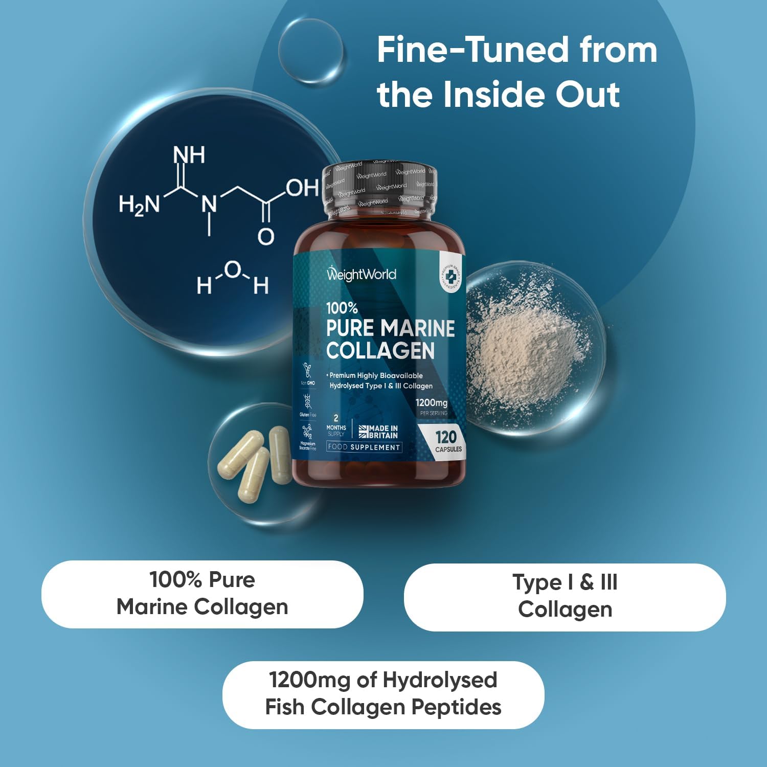 Pure Marine Collagen Supplements for Women & Men - 1200mg per Serving - 120 Capsules (Not Powder) - 2 Months Supply - Highly Bioavailable Type 1 & 3 Hydrolysed Collagen Capsules