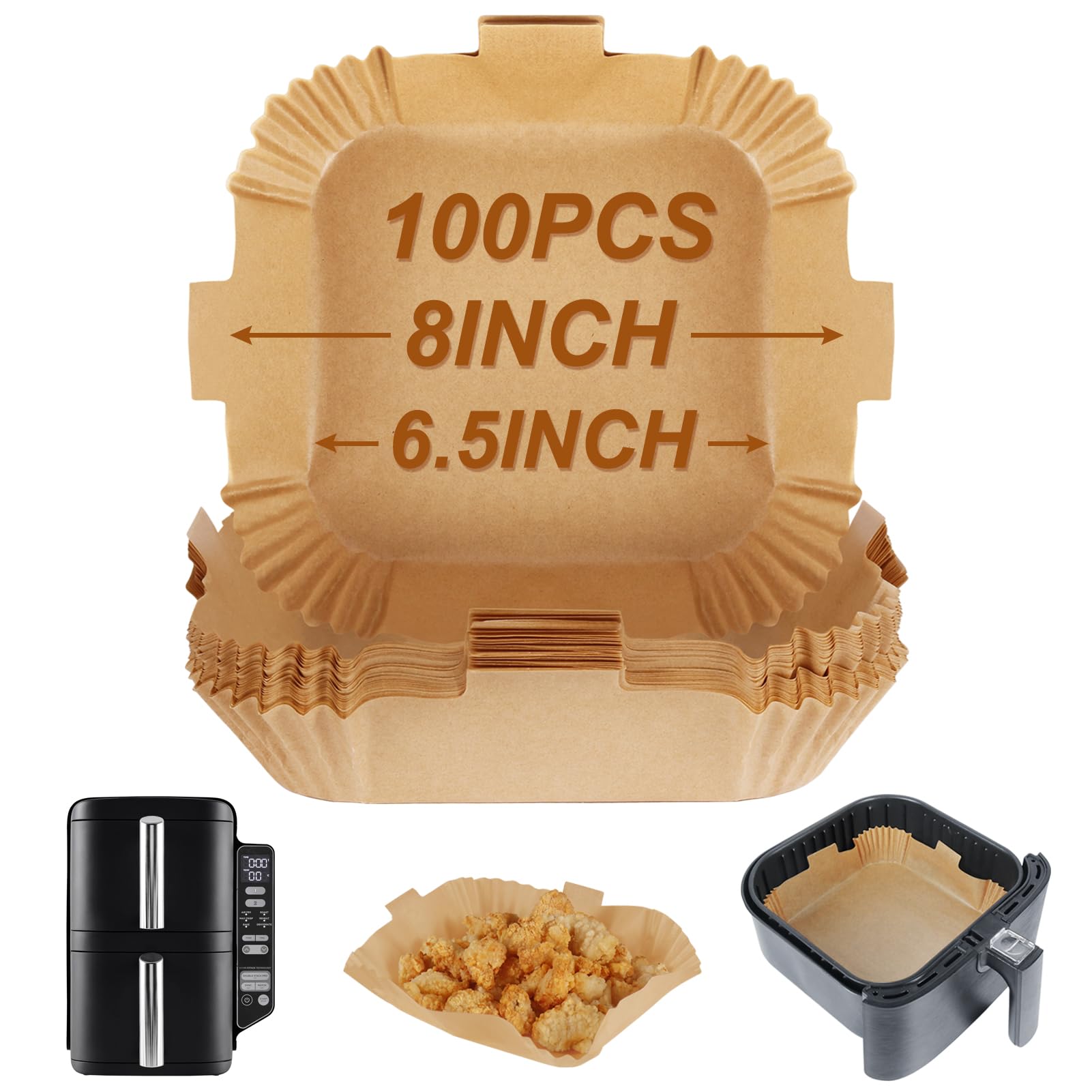 BYKITCHEN Air Fryer Parchment Paper Liner, 50PCS Square Air Fryer Liners Disposable, Greaseproof Paper, Compatible with COSORI, Ninja, Tefal, Russell Hobbs Fryers (Unbleached)