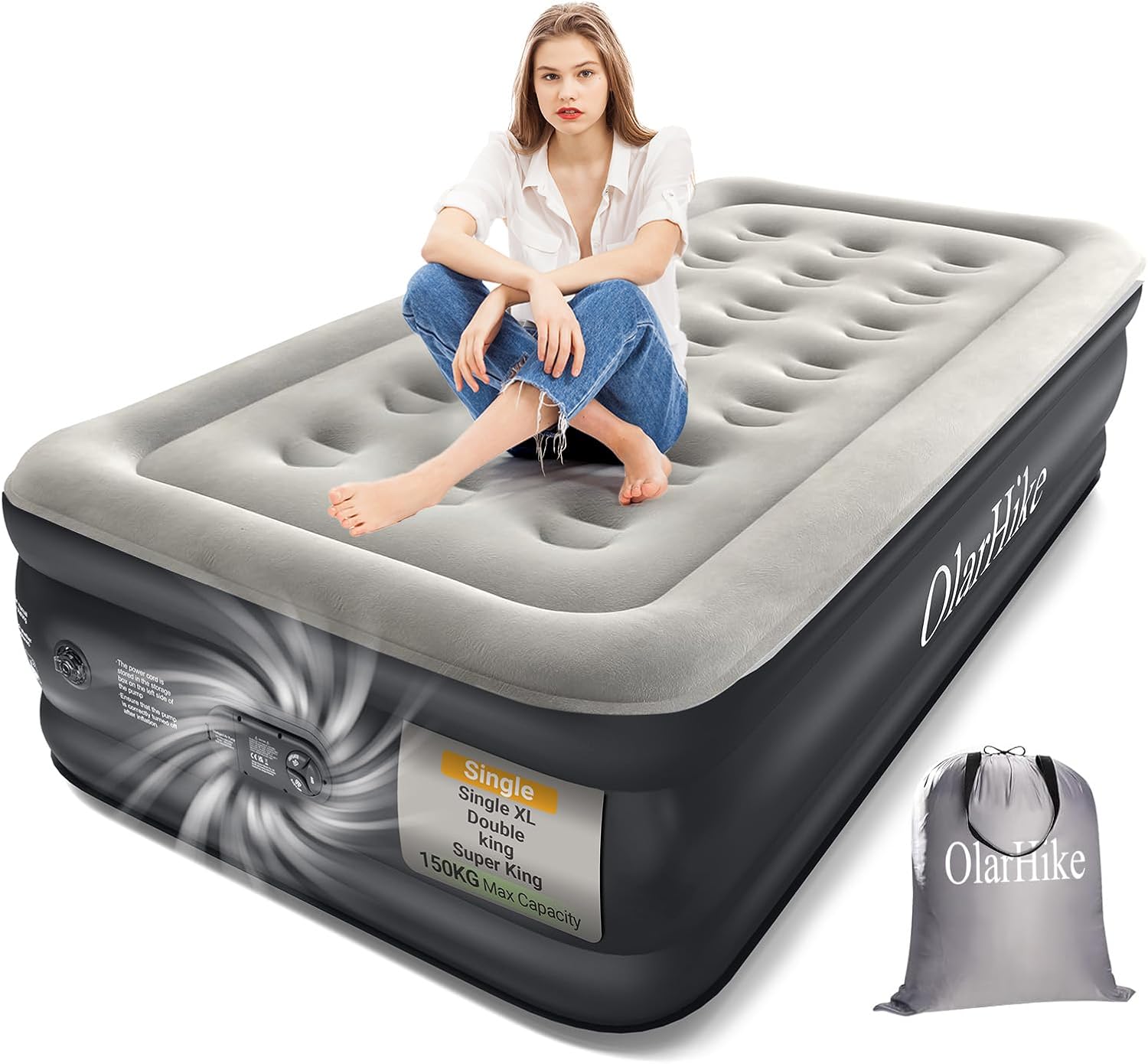 OlarHike Single Airbed, Inflatable Air Mattress with Built-in Pump, Blow Up Bed, Self Inflating Folding Guest Air bed with Flocked Surface For Camping & Home Use, 190cm L x 90cm W x 46cm H(Black)