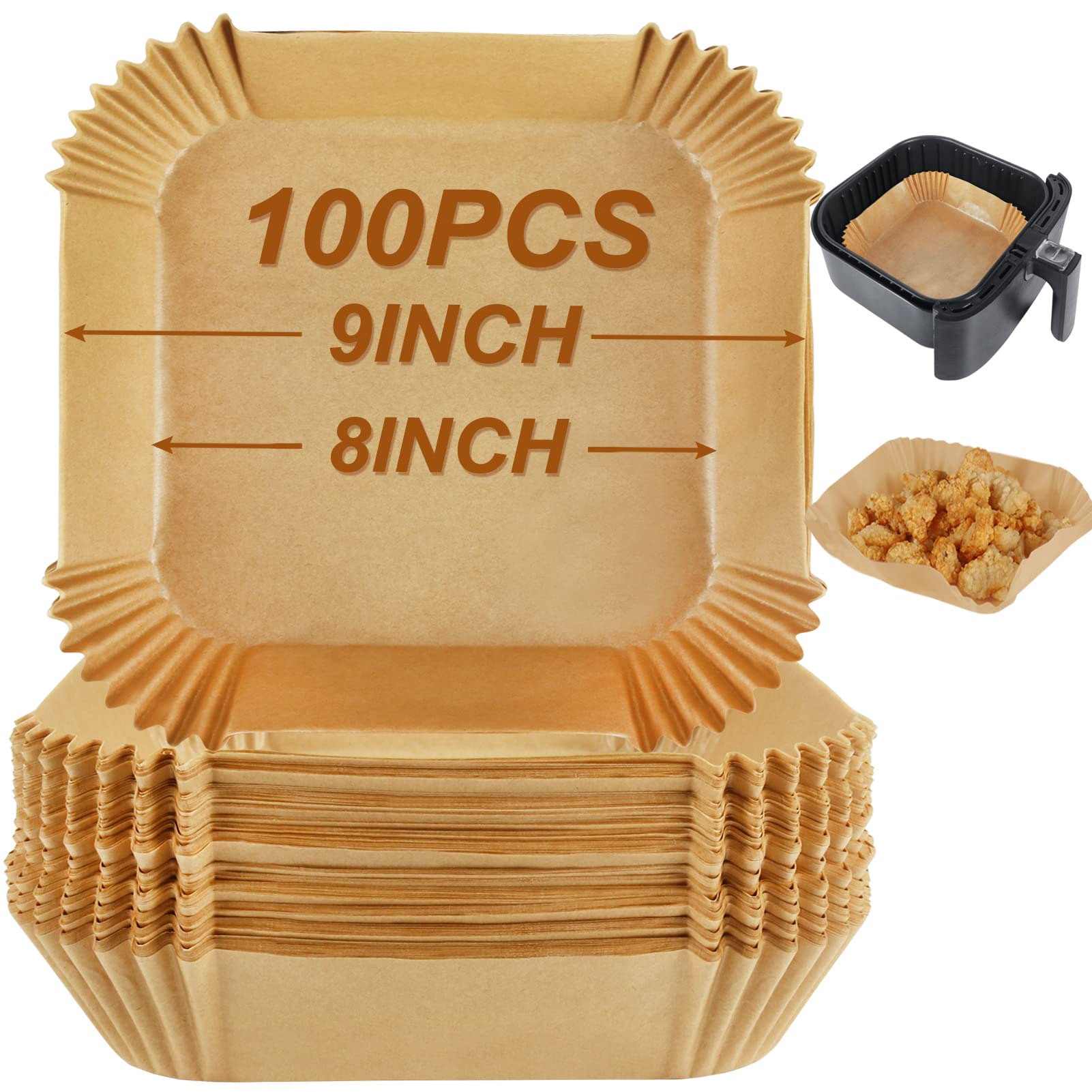 BYKITCHEN Air Fryer Parchment Paper Liner, 50PCS Square Air Fryer Liners Disposable, Greaseproof Paper, Compatible with COSORI, Ninja, Tefal, Russell Hobbs Fryers (Unbleached)