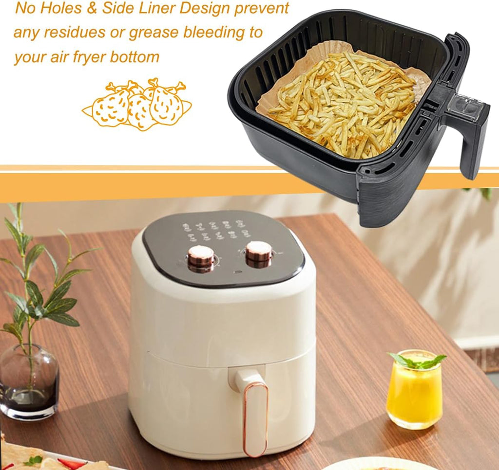 BYKITCHEN Air Fryer Parchment Paper Liner, 50PCS Square Air Fryer Liners Disposable, Greaseproof Paper, Compatible with COSORI, Ninja, Tefal, Russell Hobbs Fryers (Unbleached)