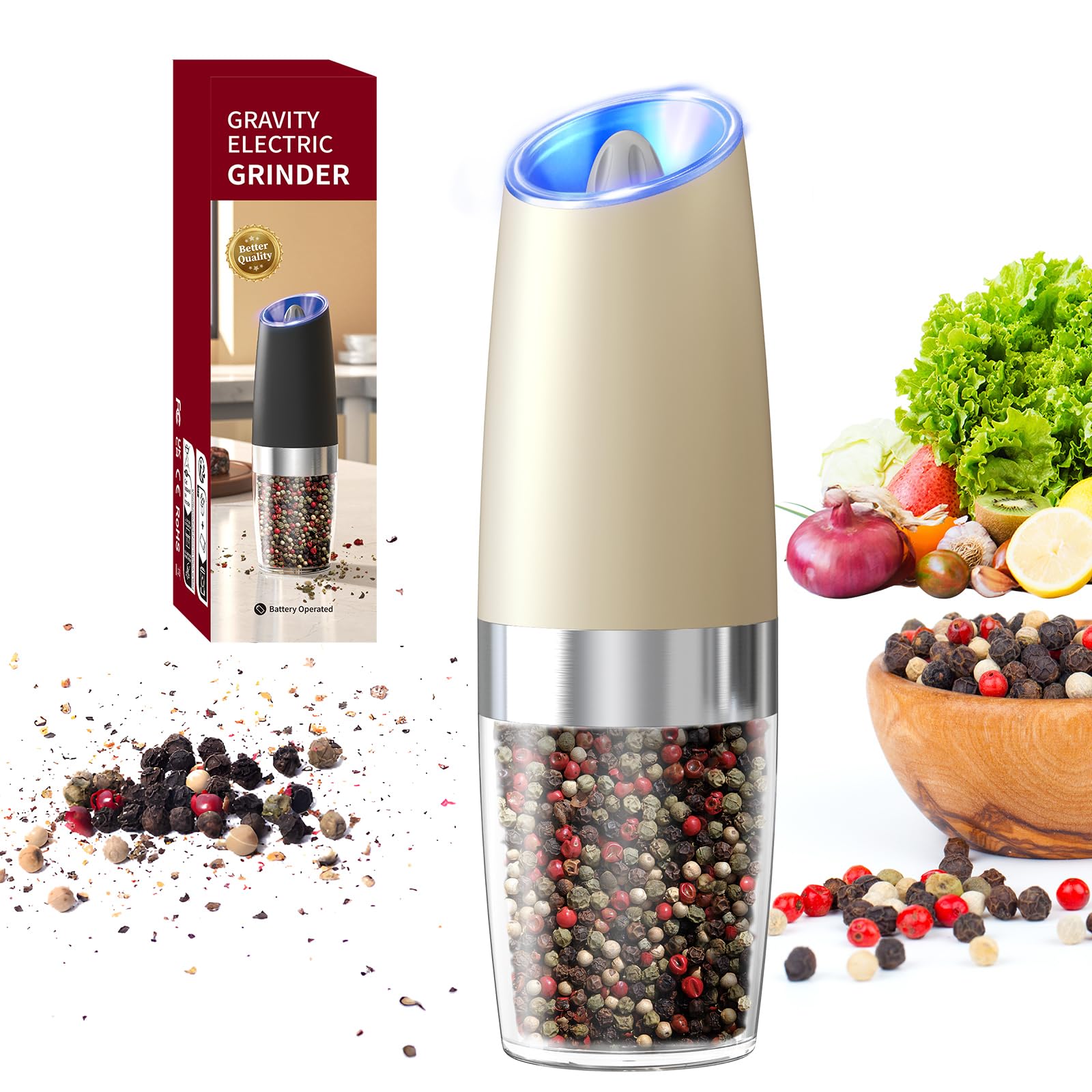 CIRCLE JOY Gravity Electric Salt and Pepper Grinder Set Automatic Salt and Pepper Grinder Set with LED Light, Battery Operated, Adjustable Coarseness, Large Capacity, for Home Kitchen BBQ