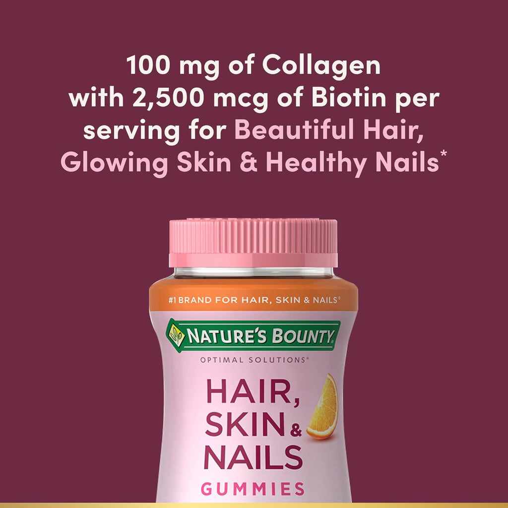Nature's Bounty Optimal Solutions Hair, Skin & Nails with Biotin and Collagen, Citrus-Flavored Gummies Vitamin Supplement, 2500 mcg, 80 Ct, 40 Total Servings