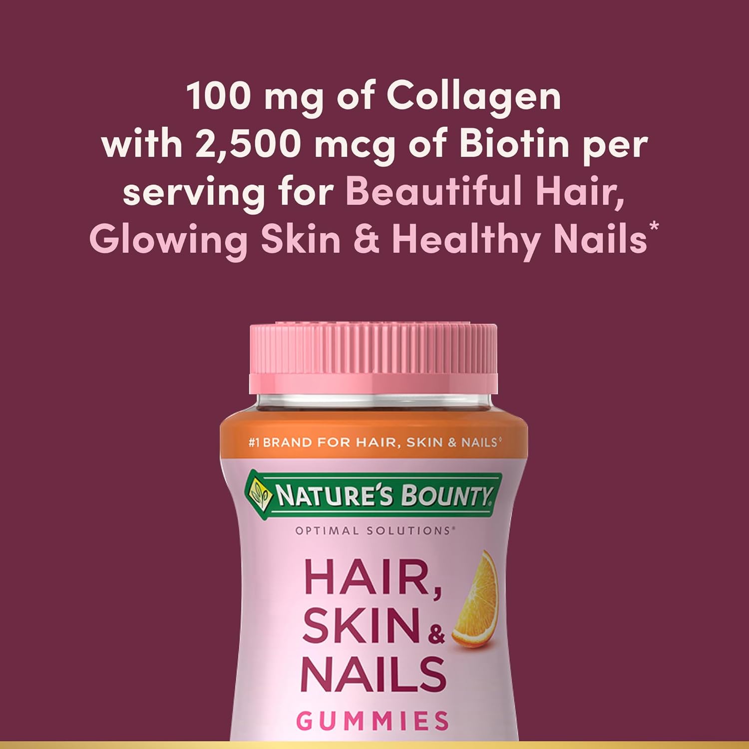 Nature's Bounty Optimal Solutions Hair, Skin & Nails with Biotin and Collagen, Citrus-Flavored Gummies Vitamin Supplement, 2500 mcg, 80 Ct, 40 Total Servings