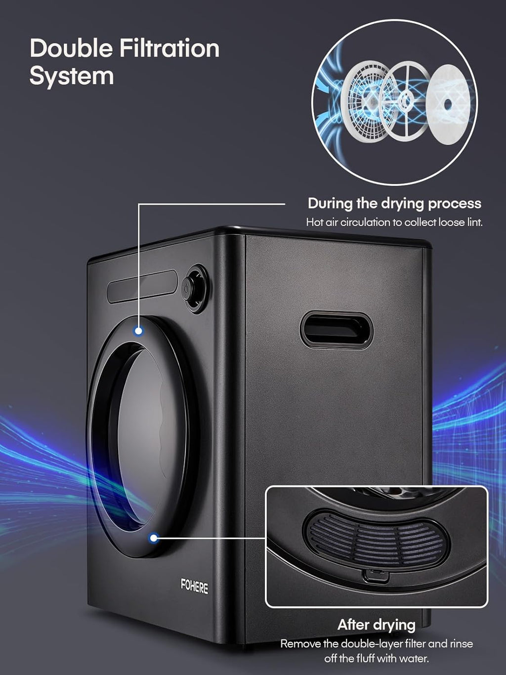 4KG Vented Tumble Dryer, FOHERE 1200W Compact Vented Tumble Dryer, 6 Auto Drying Mode, Smart Drying, Double Temperature Control Protection, for Apartment, Home, Dorm, RVs, Black