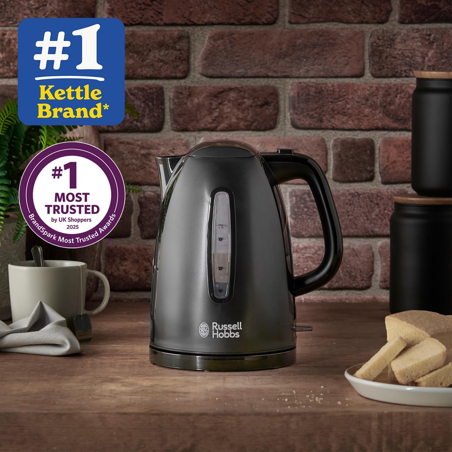 Russell Hobbs Textures Electric 1.7L Cordless Kettle (Fast Boil 3KW, Black Premium Plastic, matt & high Gloss Finish, Removable Washable Anti-Scale Filter, Push to Open lid, Perfect Pour spout) 21271
