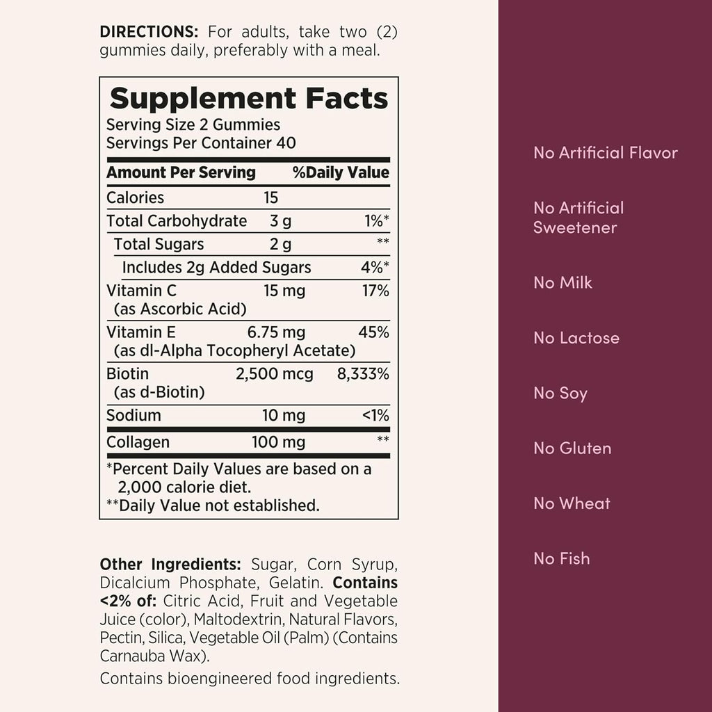 Nature's Bounty Optimal Solutions Hair, Skin & Nails with Biotin and Collagen, Citrus-Flavored Gummies Vitamin Supplement, 2500 mcg, 80 Ct, 40 Total Servings