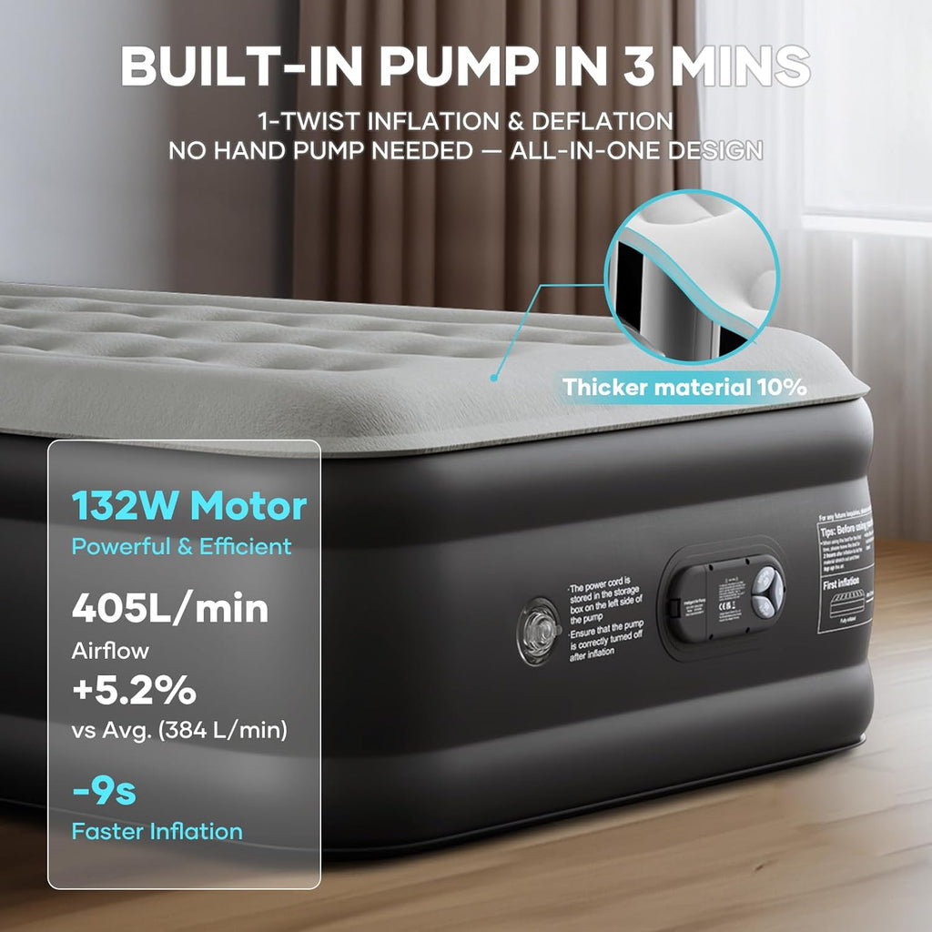 OlarHike Single Airbed, Inflatable Air Mattress with Built-in Pump, Blow Up Bed, Self Inflating Folding Guest Air bed with Flocked Surface For Camping & Home Use, 190cm L x 90cm W x 46cm H(Black)