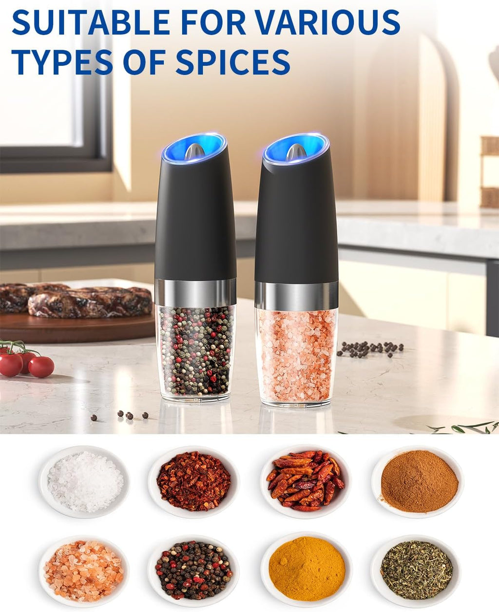CIRCLE JOY Gravity Electric Salt and Pepper Grinder Set Automatic Salt and Pepper Grinder Set with LED Light, Battery Operated, Adjustable Coarseness, Large Capacity, for Home Kitchen BBQ
