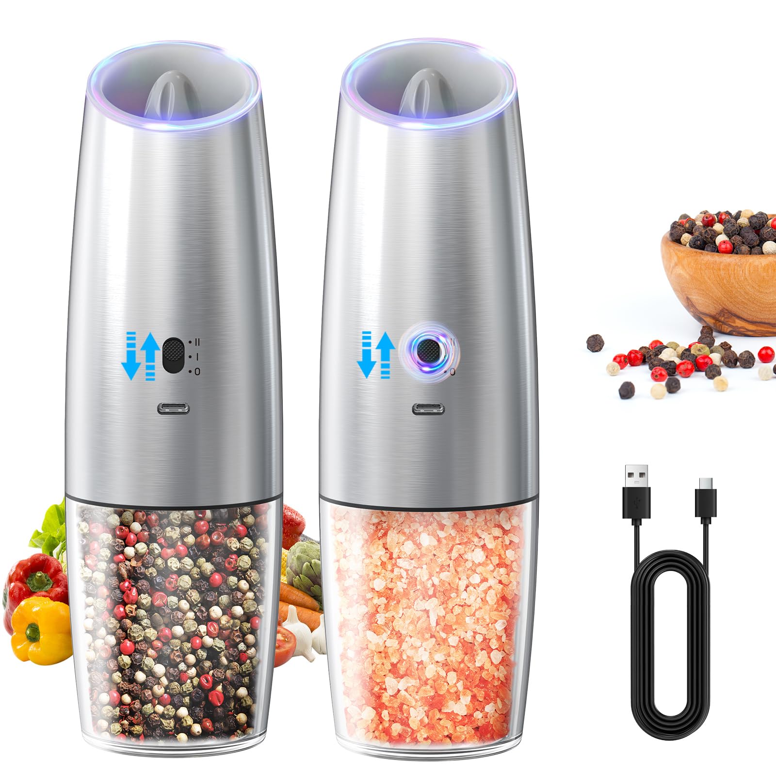CIRCLE JOY Gravity Electric Salt and Pepper Grinder Set Automatic Salt and Pepper Grinder Set with LED Light, Battery Operated, Adjustable Coarseness, Large Capacity, for Home Kitchen BBQ