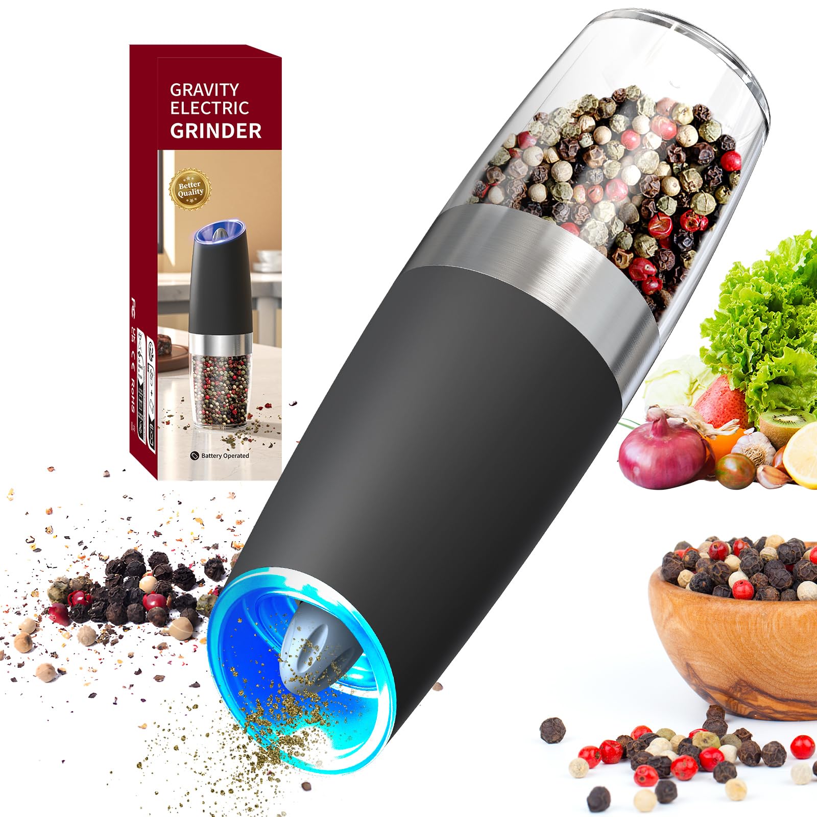 CIRCLE JOY Gravity Electric Salt and Pepper Grinder Set Automatic Salt and Pepper Grinder Set with LED Light, Battery Operated, Adjustable Coarseness, Large Capacity, for Home Kitchen BBQ