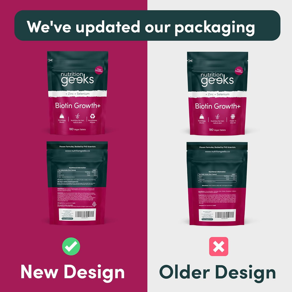 Biotin Hair Growth Supplement - 180 Vegan Tablets Enhanced with Zinc & Selenium, Hair Vitamins Complex - Biotin 10000 mcg - Hair Skin and Nails Vitamins for Women & Men UK (Packaging Design May Vary)