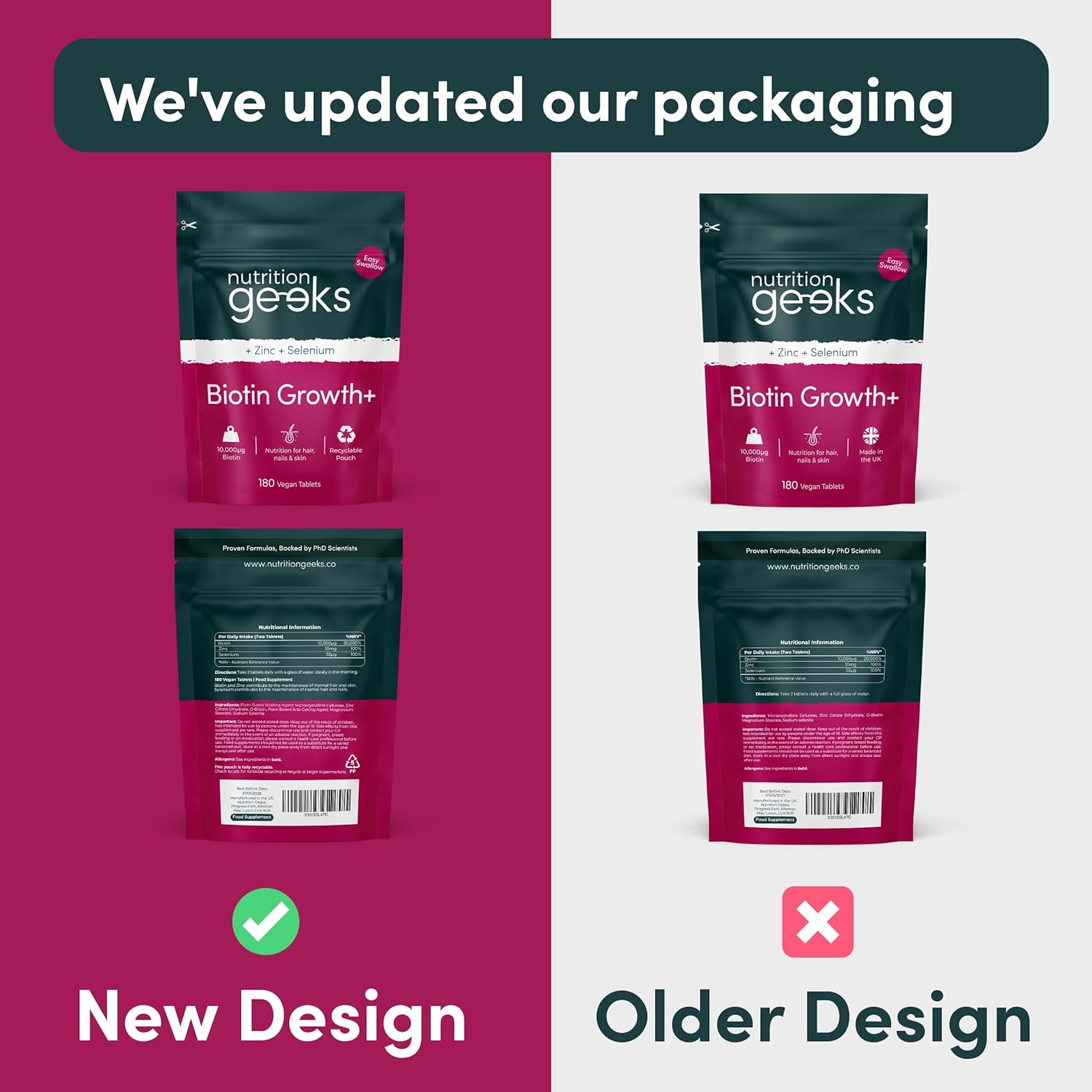 Biotin Hair Growth Supplement - 180 Vegan Tablets Enhanced with Zinc & Selenium, Hair Vitamins Complex - Biotin 10000 mcg - Hair Skin and Nails Vitamins for Women & Men UK (Packaging Design May Vary)