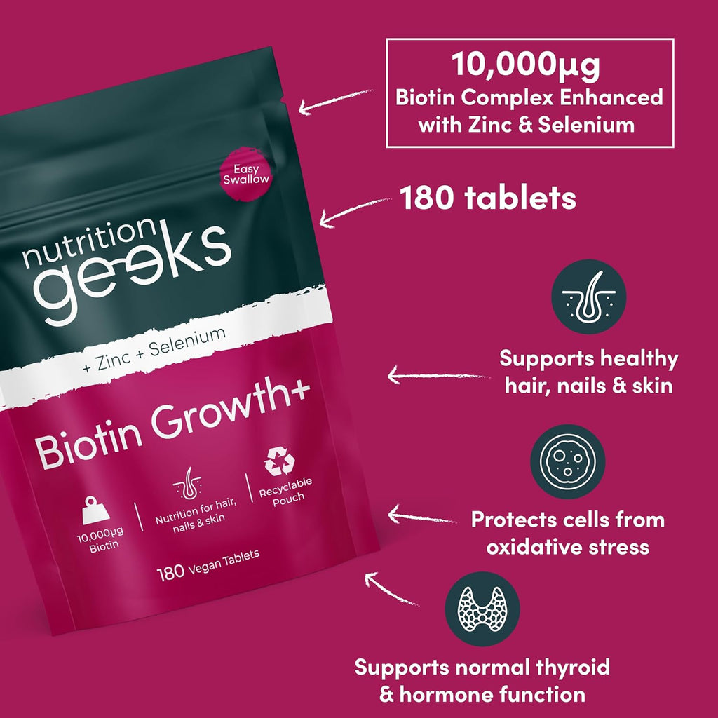 Biotin Hair Growth Supplement - 180 Vegan Tablets Enhanced with Zinc & Selenium, Hair Vitamins Complex - Biotin 10000 mcg - Hair Skin and Nails Vitamins for Women & Men UK (Packaging Design May Vary)