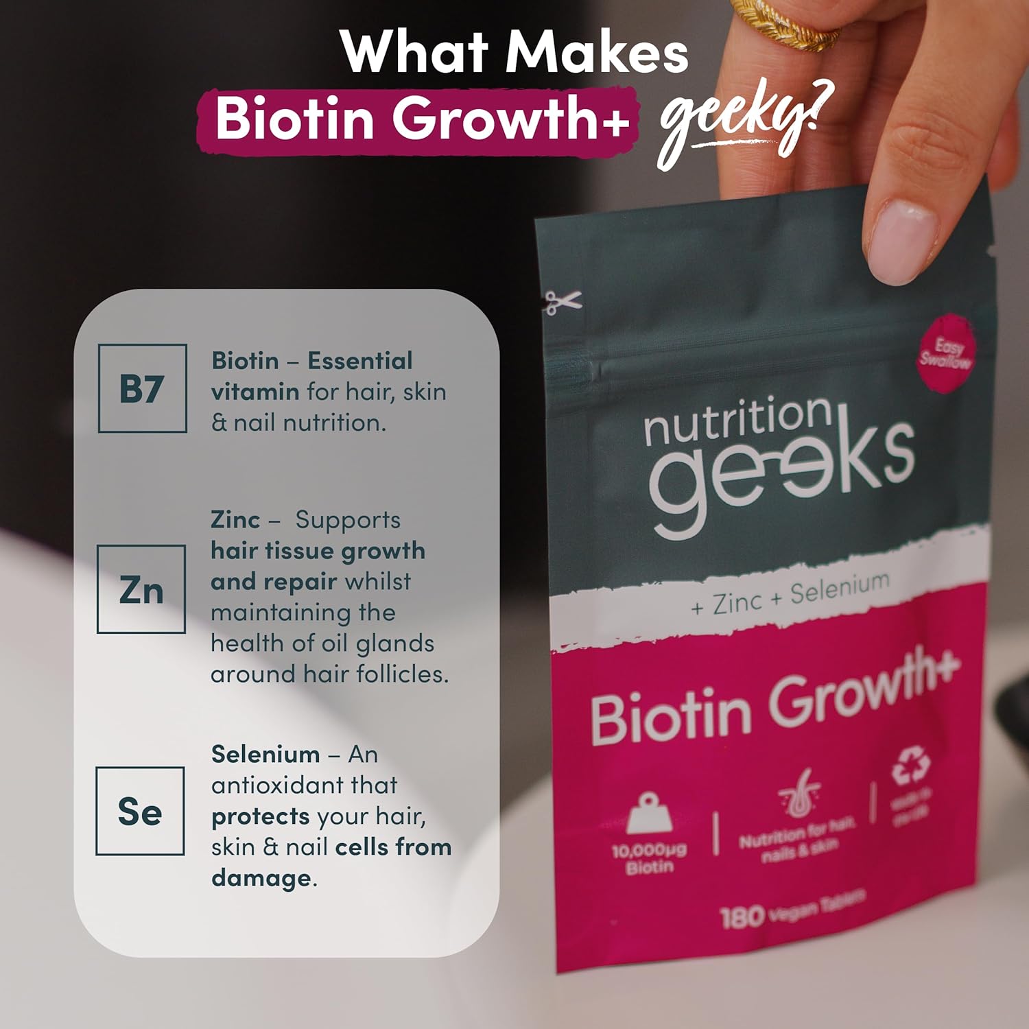 Biotin Hair Growth Supplement - 180 Vegan Tablets Enhanced with Zinc & Selenium, Hair Vitamins Complex - Biotin 10000 mcg - Hair Skin and Nails Vitamins for Women & Men UK (Packaging Design May Vary)
