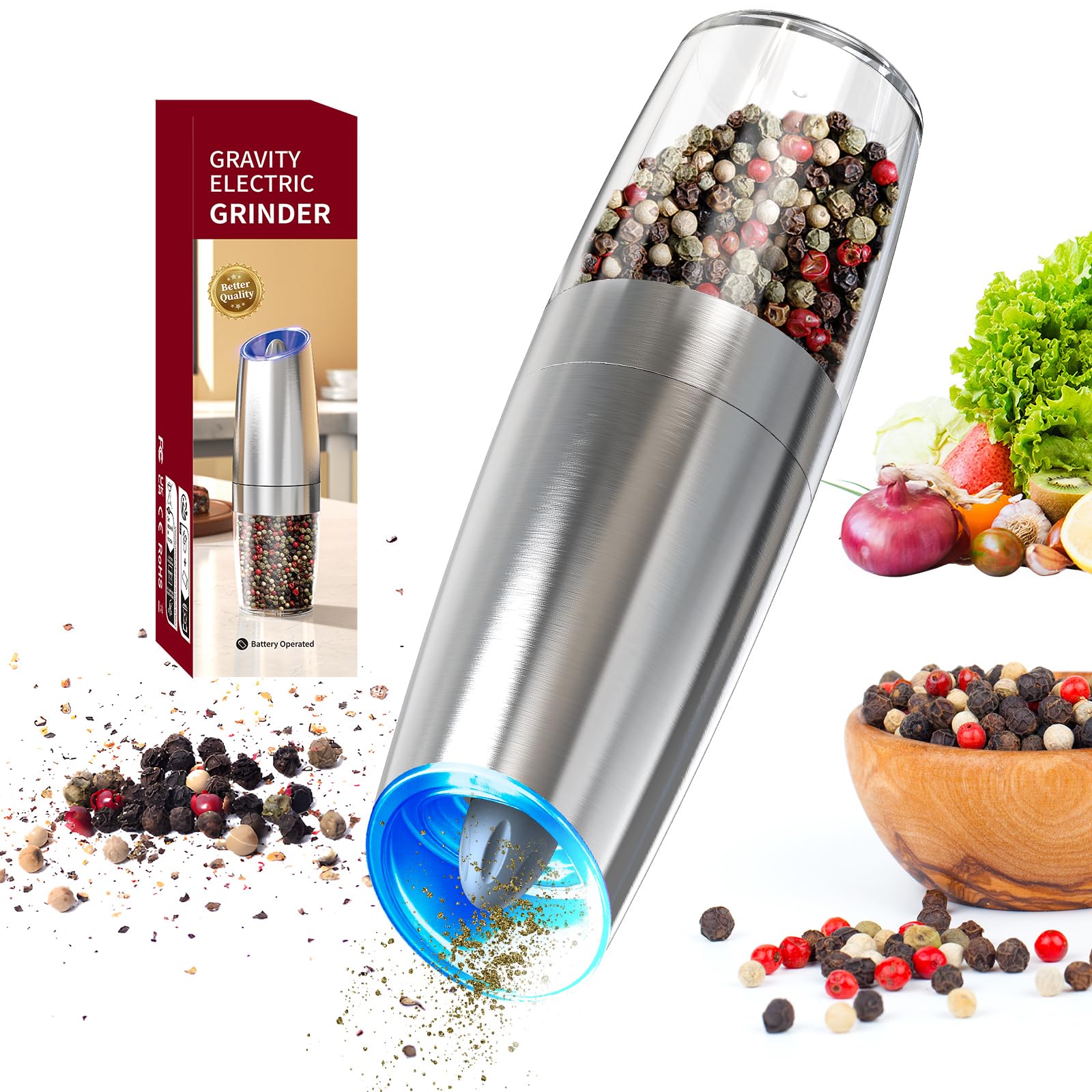 CIRCLE JOY Gravity Electric Salt and Pepper Grinder Set Automatic Salt and Pepper Grinder Set with LED Light, Battery Operated, Adjustable Coarseness, Large Capacity, for Home Kitchen BBQ