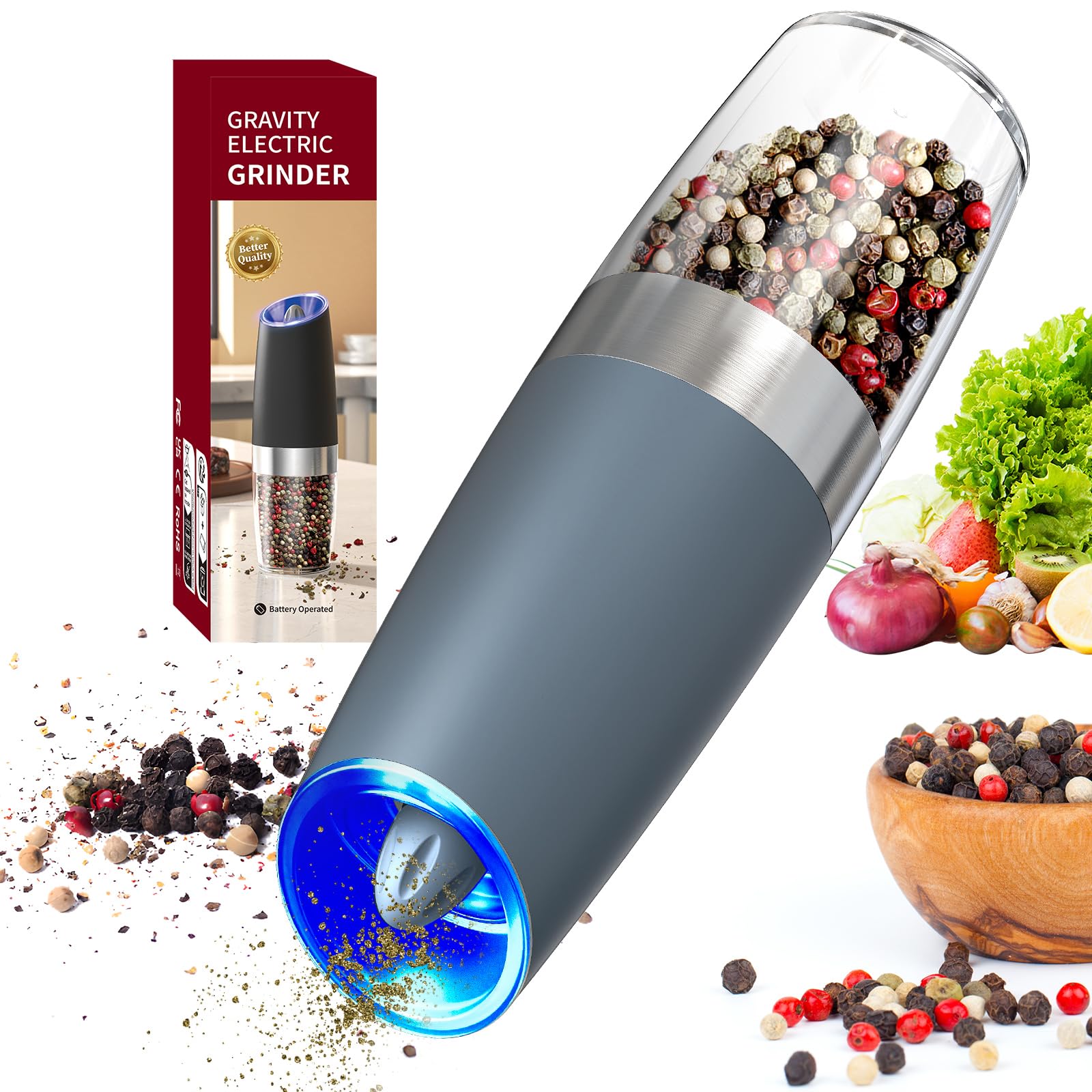 CIRCLE JOY Gravity Electric Salt and Pepper Grinder Set Automatic Salt and Pepper Grinder Set with LED Light, Battery Operated, Adjustable Coarseness, Large Capacity, for Home Kitchen BBQ
